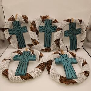 5 Wreaths Rustic Turquoise Teal Crosses Handmade Religious 6"